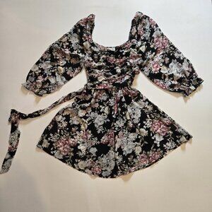 She + Sky Floral Puff Sleeve Mini Dress Belted Ruched Bodice Small Black Pink Sm